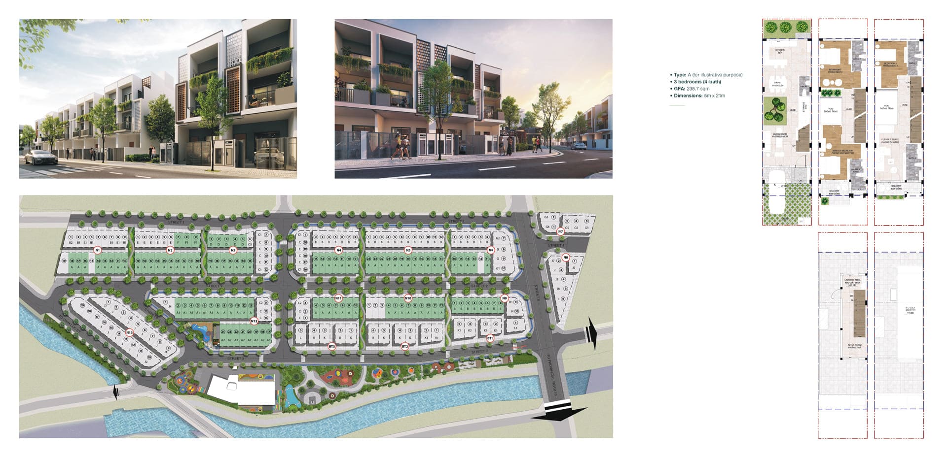 Layout thiết kế nhà phố liên kế The Meadow có diện tích đất 105m2 và diện tích xây dựng 235m2
